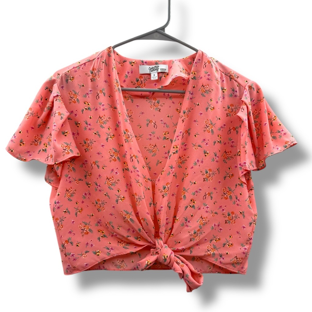 Color Me Courtney Ellie Pink Floral Crop Top Women’s Size 6‎ Tie Front